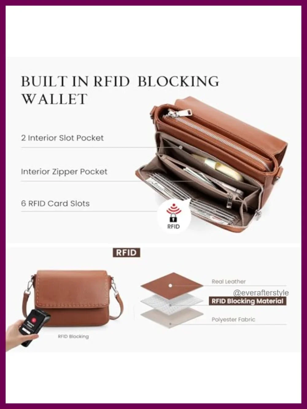 Genuine Leather Crossbody Bag with RFID Wallet, Adjustable Strap, Travel Purse